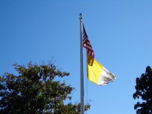 Nice shot of the flagpole outside Saint Francis Xavier Church
