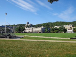 Exercise field at West Point Miliary Academy. In the far background is the Military Academy Cadet Chapel.