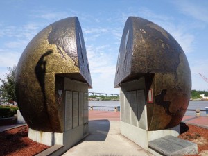 The new WWII memorial constructed on the Savannah Waterfront noting a world split in two.